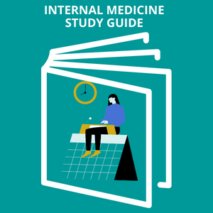 Internal Medicine Study Guide: Animated person sitting on large calendar working at a computer with a clock above head.