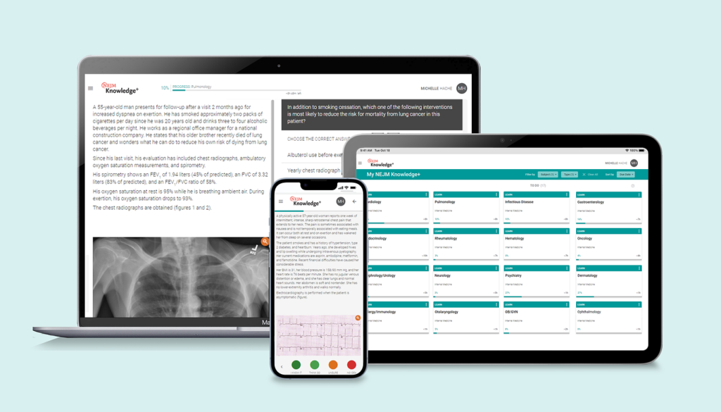 NEJM Knowledge+ Internal Medicine Board Review questions shown on desktop and mobile along with IM question content areas