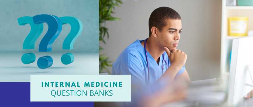 Internal Medicine Question Banks—Physician pondering something while working at a computer, plus 3-D question marks.