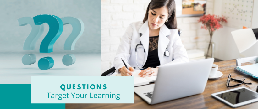 IM Question Banks: Questions target learning—Physician writing while working at a computer, plus 3-D question marks.