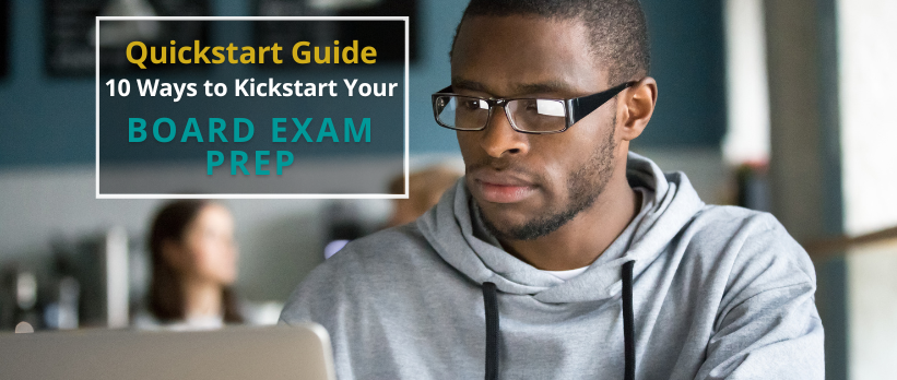 Board Exam Prep Quickstart Guide: Off-duty physician with glasses studying on a computer